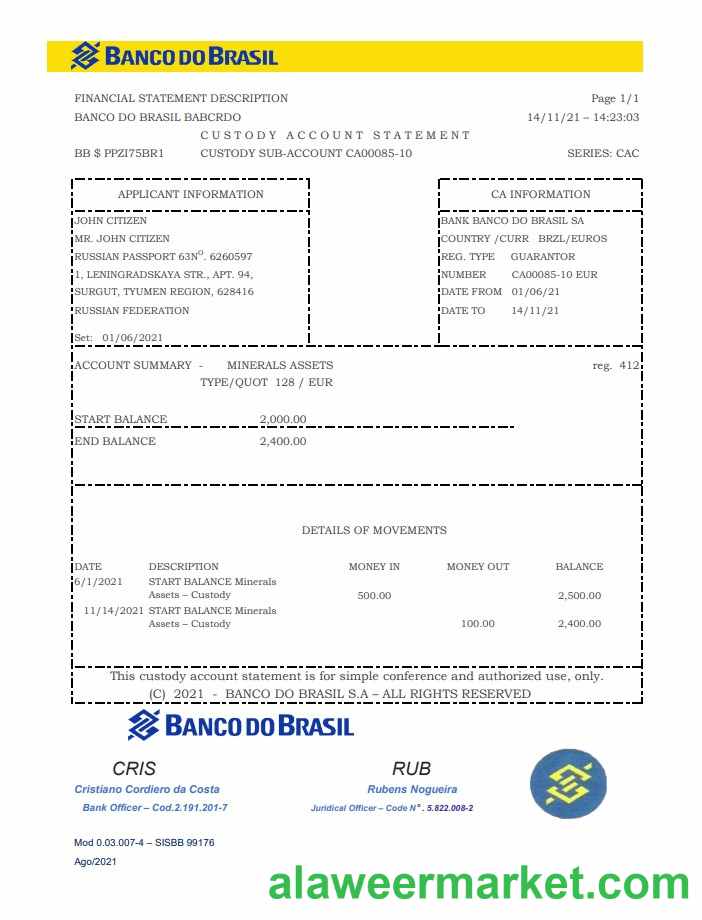 Brazil Banco do Brasil bank statement easy to fill template in Excel and PDF format